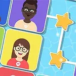 Farebné ilustrácie tvárí ľudí prepojené čiarami a hviezdami na modrom pozadí