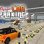 Oranžové auto parkujúce v garáži s rampami a ďalšími autami v pozadí