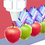Robotické rameno nanáša farebnú polevu na jablká zoradené na bežiacom páse