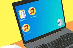 Počítačový monitor s ikonami dokumentov a hudobných súborov na ploche