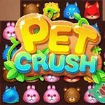 Farebné zvieratká zoradené v mriežke s veľkým nápisom PET CRUSH v strede