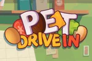 Farebný nápis Pet Drive In so symbolmi jedla na zelenom pozadí