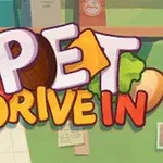 Farebný nápis Pet Drive In so symbolmi jedla na zelenom pozadí
