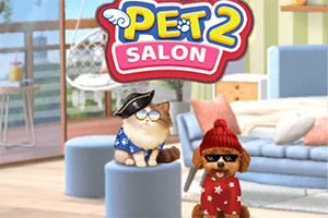 V obývačke sú oblečené domáce zvieratá, mačka s klobúkom a pes s čiapkou a okuliarmi, s nápisom Pet Salon 2 hore