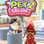 V obývačke sú oblečené domáce zvieratá, mačka s klobúkom a pes s čiapkou a okuliarmi, s nápisom Pet Salon 2 hore