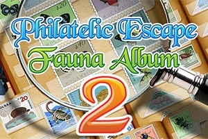 Poštové známky s rôznymi zvieracími motívmi pod lupou a textom Philatelic Escape Fauna Album 2