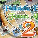 Poštové známky s rôznymi zvieracími motívmi pod lupou a textom Philatelic Escape Fauna Album 2