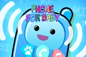 Modrá kreslená postavička v tvare telefónu s úsmevom a farebným textom Phone for Baby v hornej časti