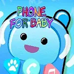 Modrá kreslená postavička v tvare telefónu s úsmevom a farebným textom Phone for Baby v hornej časti