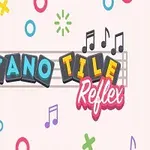 Logo s textom Piano Tile Reflex na hudobnej osnove, obklopené farebnými notami a symbolmi