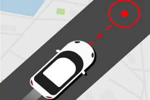 Auto jazdí po ceste s červeným bodom a značkou na mape