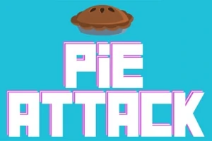 V strede obrázka sú výrazné biele písmená PIE ATTACK na modrom pozadí s ilustrovaným koláčom nad písmenami
