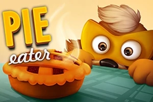 Kreslená postavička s veľkými očami sa pozerá na koláč na stole, s nápisom PIE eater v pozadí