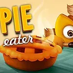 Kreslená postavička s veľkými očami sa pozerá na koláč na stole, s nápisom PIE eater v pozadí