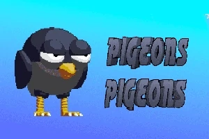 Čiernobiely kreslený vták s nafúknutým pohľadom na modrom pozadí vedľa nápisu PIGEONS