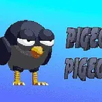 Čiernobiely kreslený vták s nafúknutým pohľadom na modrom pozadí vedľa nápisu PIGEONS