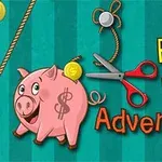 Animovaný ružový prasiatko s úsmevom, nožnicami a mincou na zelenomodrom pruhovanom pozadí s nápisom Piggy Bank Adventure