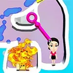 Postavička stojí pred plameňmi v puzzli s farebnými kvapalinami a ružovou závorou