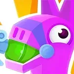 Farebná grafika fialového lama robota s veľkým okom a zeleným otvorom na ústa na jasnom pozadí