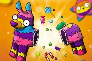 Farebná rozbitá piñata s cukríkmi a sladkosťami vybuchujúca na pozadí oranžovej farby