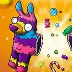 Farebná rozbitá piñata s cukríkmi a sladkosťami vybuchujúca na pozadí oranžovej farby