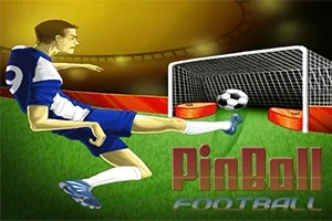 Futbalista v modro-bielom drese kope loptu smerom do bránky na zelenom ihrisku s nápisom Pinball Football