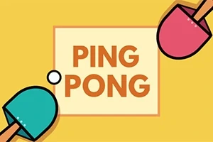 Ilustrácia so slovom Ping Pong uprostred, s dvoma farebnými pálkami a loptičkou na žltom pozadí