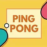 Ilustrácia so slovom Ping Pong uprostred, s dvoma farebnými pálkami a loptičkou na žltom pozadí
