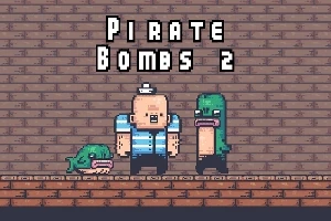Postavička v námorníckom oblečení stojí medzi dvoma zelenými príšerami na tehlovej podlahe so slovami Pirate Bombs 2 nad nimi