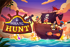 Pirátska loď s čiernou vlajkou s lebkou plávajúca na farebnom oceáne pri západe slnka, s textom Pirate Hunt na ľavej strane