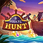Pirátska loď s čiernou vlajkou s lebkou plávajúca na farebnom oceáne pri západe slnka, s textom Pirate Hunt na ľavej strane