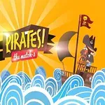 Pirátska loď s pirátom na palube pláva po modrých vlnách, v pozadí je žltá obloha so slnečnými lúčmi a nápisom Pirates!