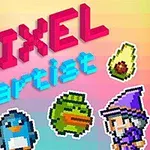 Farebná pixelová grafika s textom PIXEL artist uprostred, obklopená postavičkami a objektmi vrátane psa, rytiera, tučniaka, kačice, čarodeja a avokáda