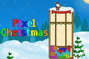 Pixelová vianočná scéna s postavou Santa Clausa, farebnými blokmi a zimnou krajinou v pozadí