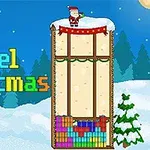 Pixelová vianočná scéna s postavou Santa Clausa, farebnými blokmi a zimnou krajinou v pozadí