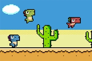 Pixelová grafika s farebnými dinosaurami skáčucimi cez kaktusy na púšti pod modrou oblohou