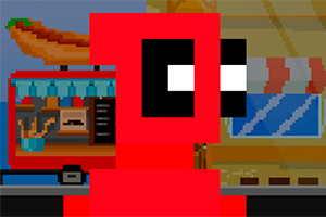 Červená pixelová postava s veľkými čiernymi očami stojaca pred stánkom s hotdogmi