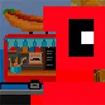 Červená pixelová postava s veľkými čiernymi očami stojaca pred stánkom s hotdogmi