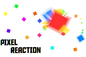 Farebné štvorce rôznych veľkostí na bielom pozadí s textom PIXEL REACTION v ľavom dolnom rohu