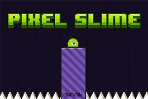 Zelený pixelovaný sliz s jedným okom na fialovej plošine obklopenej ostrými bodákmi, nad ktorým je nápis PIXEL SLIME