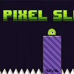 Zelený pixelovaný sliz s jedným okom na fialovej plošine obklopenej ostrými bodákmi, nad ktorým je nápis PIXEL SLIME