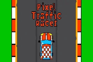 Farebný pixelový závodný automobil na ceste s nápisom Pixel Traffic Racer