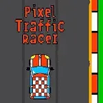 Farebný pixelový závodný automobil na ceste s nápisom Pixel Traffic Racer