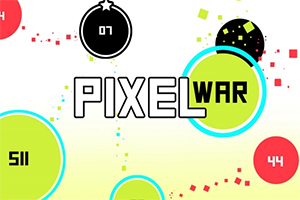 Farebný obrázok s krúžkami obsahujúcimi čísla, centrálnym textom PIXEL WAR a roztrúsenými malými štvorčekmi