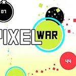Farebný obrázok s krúžkami obsahujúcimi čísla, centrálnym textom PIXEL WAR a roztrúsenými malými štvorčekmi