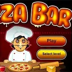 Kreslený kuchár v bielej uniforme s pizzou na stole a nápisom Pizza Bar v hornej časti