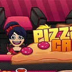 Animovaná scéna s veľkým plátkom pizze a nápisom Pizza Café v pozadí s tromi kreslenými postavičkami