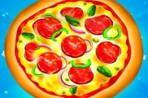 Pizza s plátkami salámy, zelenými paprikami, červenou cibuľou a čerstvou bazalkou na modrom pozadí