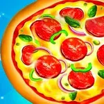Pizza s plátkami salámy, zelenými paprikami, červenou cibuľou a čerstvou bazalkou na modrom pozadí