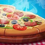 Pizza na drevenom podnose s paradajkami, salámou, hubami a olivami na károvanej obruse